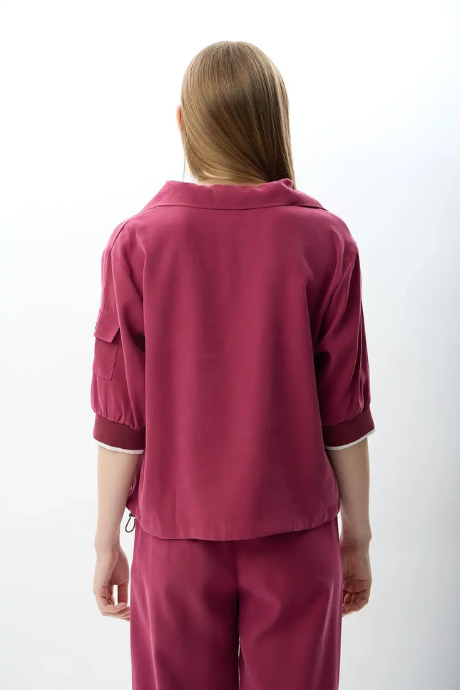 V Yaka Büzgü Detaylı Bluz (Fuşya)