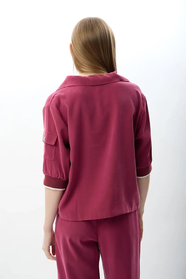V Yaka Büzgü Detaylı Bluz (Fuşya)