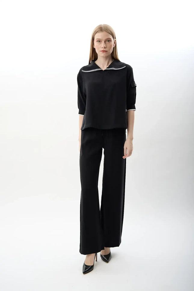 Bağcıklı Düz Paça Pantolon (Siyah)