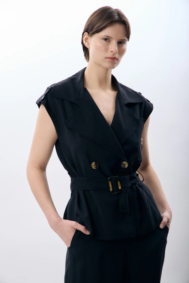 Kemerli Kruvaze Yelek (Siyah)