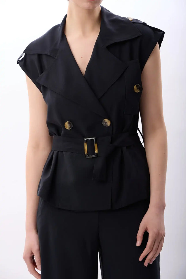 Kemerli Kruvaze Yelek (Siyah)