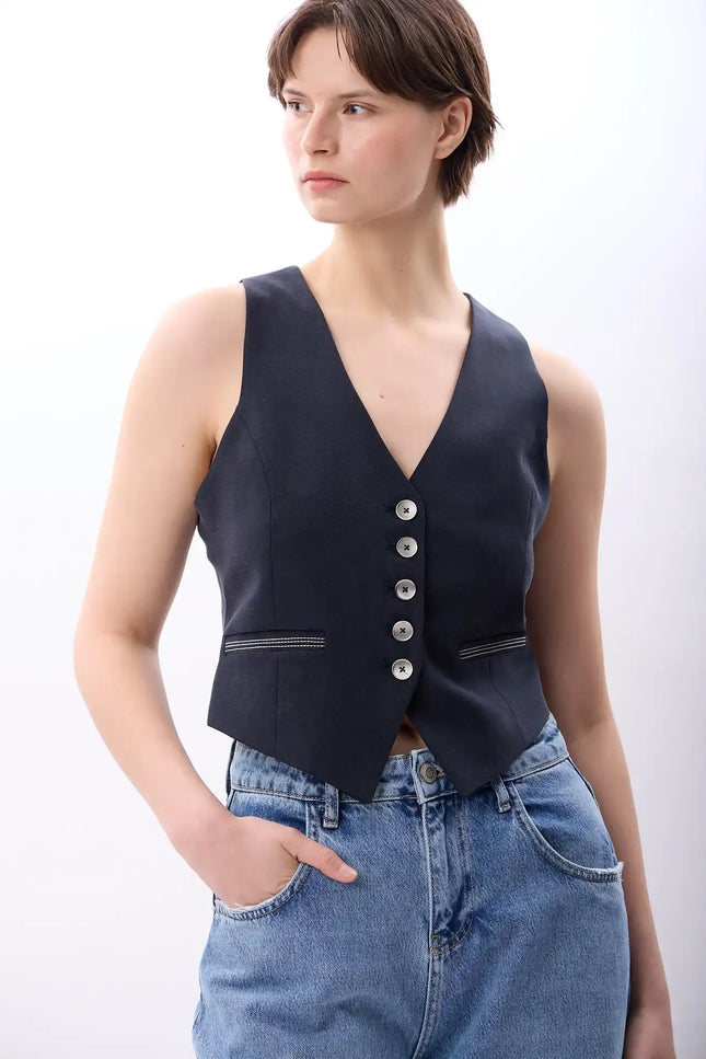 Dikiş Detaylı Kısa Yelek (Lacivert)