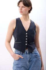 Dikiş Detaylı Kısa Yelek (Lacivert)