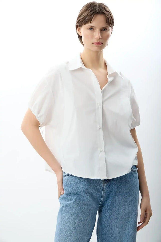 Kısa Kollu Crop Gömlek (Beyaz)