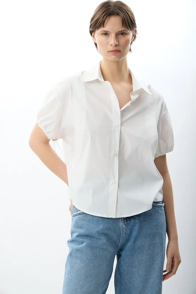 Kısa Kollu Crop Gömlek (Beyaz)