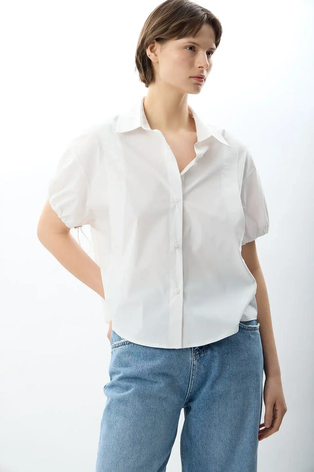 Kısa Kollu Crop Gömlek (Beyaz)