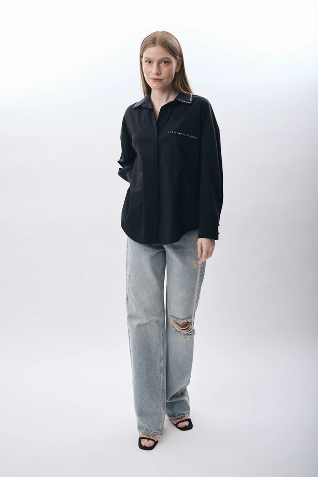 Boncuk Detaylı Rahat Kesim Gömlek (Siyah)