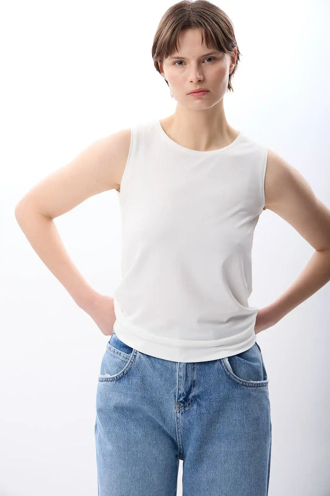 Bisiklet Yaka Kolsuz Atlet (Ekru)