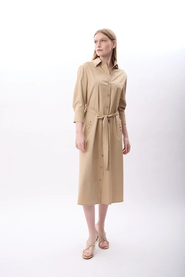 Taş Detaylı Gömlek Elbise (Bej)