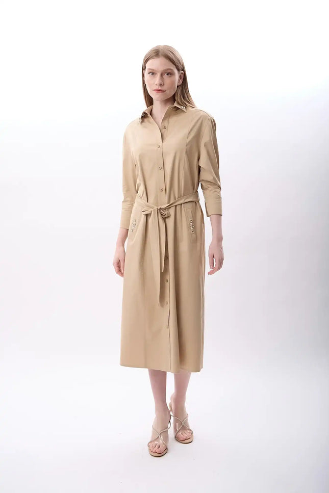 Taş Detaylı Gömlek Elbise (Bej)