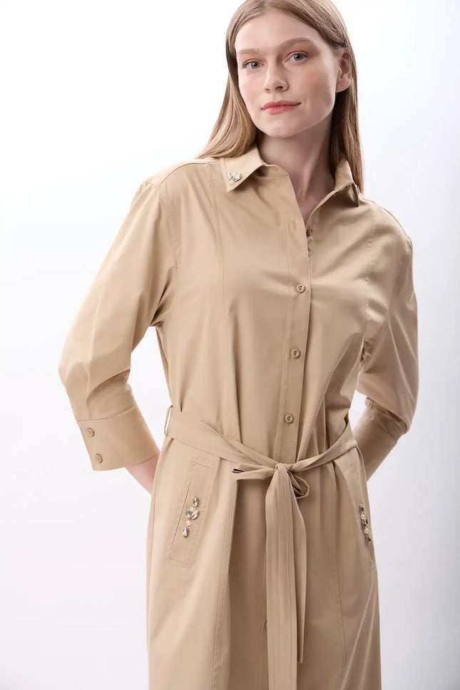 Taş Detaylı Gömlek Elbise (Bej)