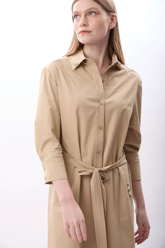 Taş Detaylı Gömlek Elbise (Bej)