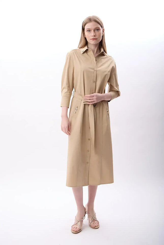 Taş Detaylı Gömlek Elbise (Bej)
