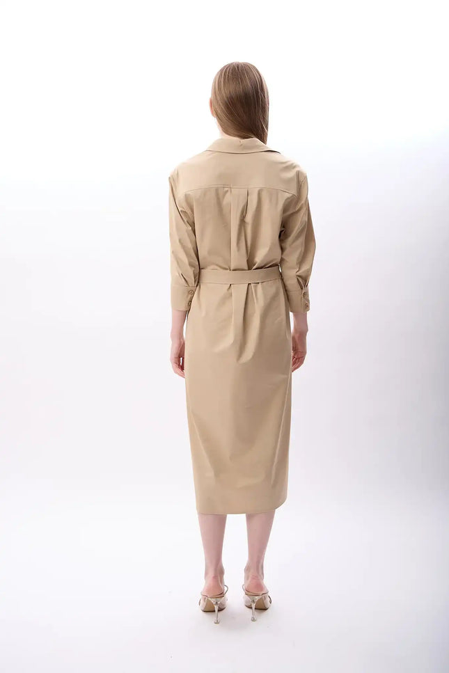 Taş Detaylı Gömlek Elbise (Bej)
