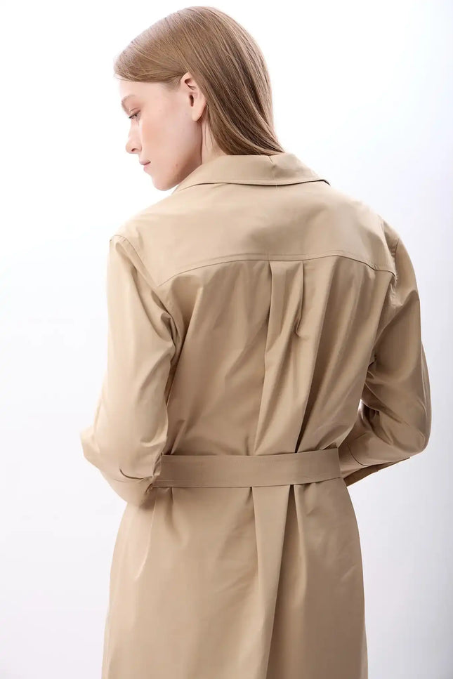 Taş Detaylı Gömlek Elbise (Bej)