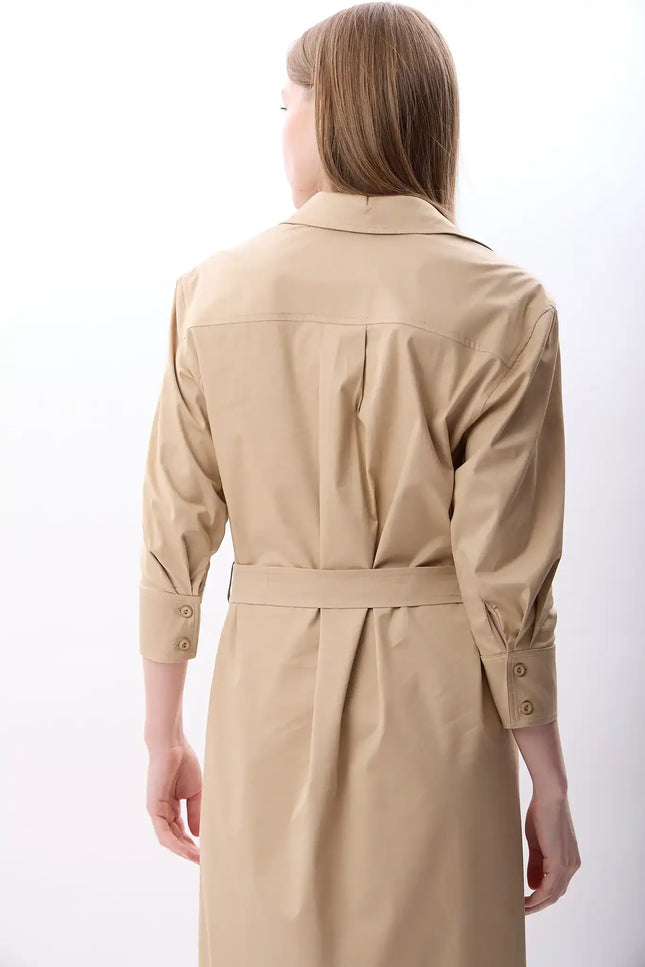 Taş Detaylı Gömlek Elbise (Bej)