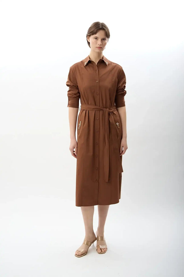 Taş Detaylı Gömlek Elbise (Kahve)