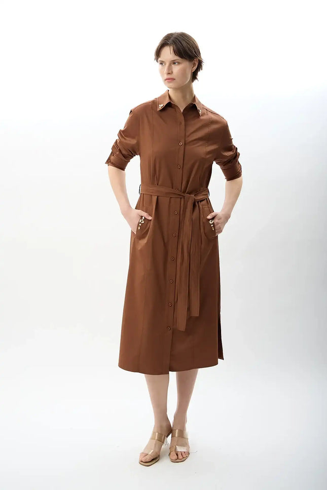 Taş Detaylı Gömlek Elbise (Kahve)