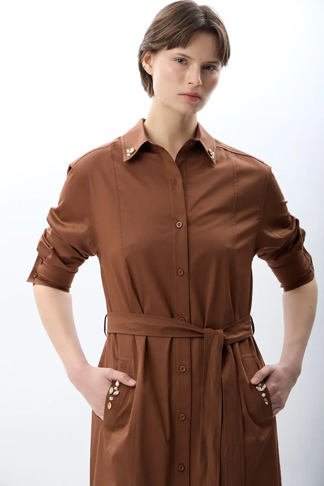 Taş Detaylı Gömlek Elbise (Kahve)