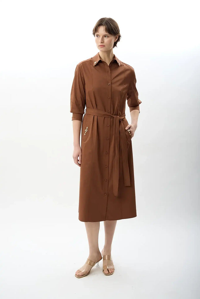 Taş Detaylı Gömlek Elbise (Kahve)