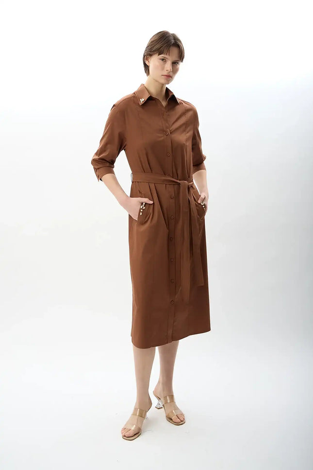 Taş Detaylı Gömlek Elbise (Kahve)