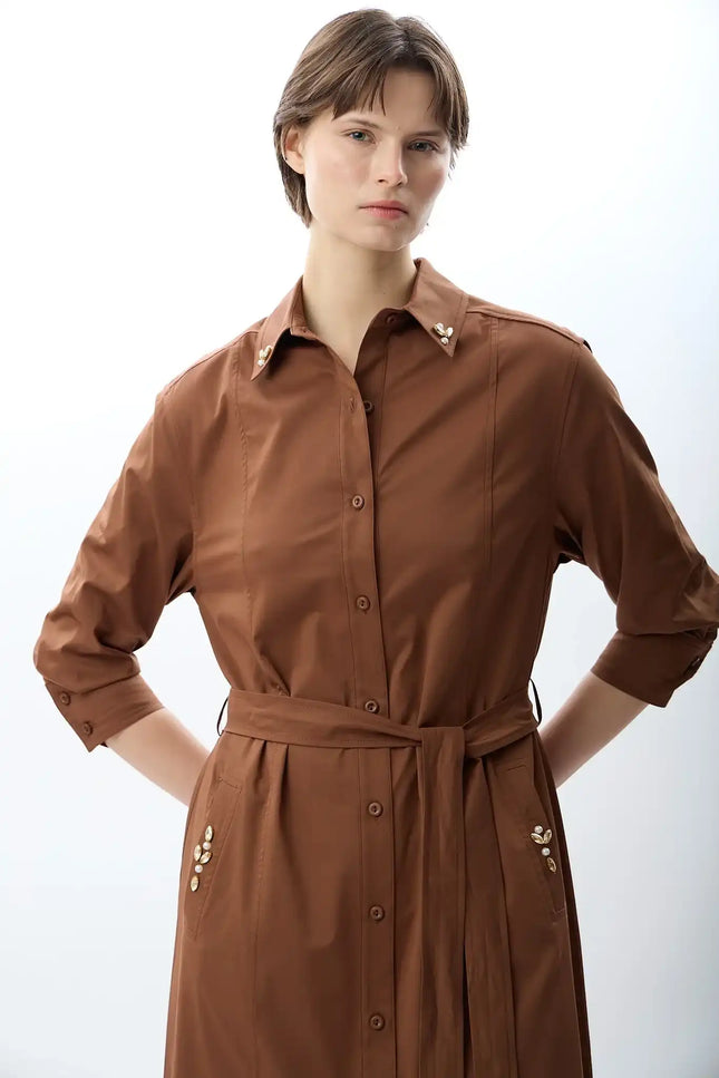 Taş Detaylı Gömlek Elbise (Kahve)