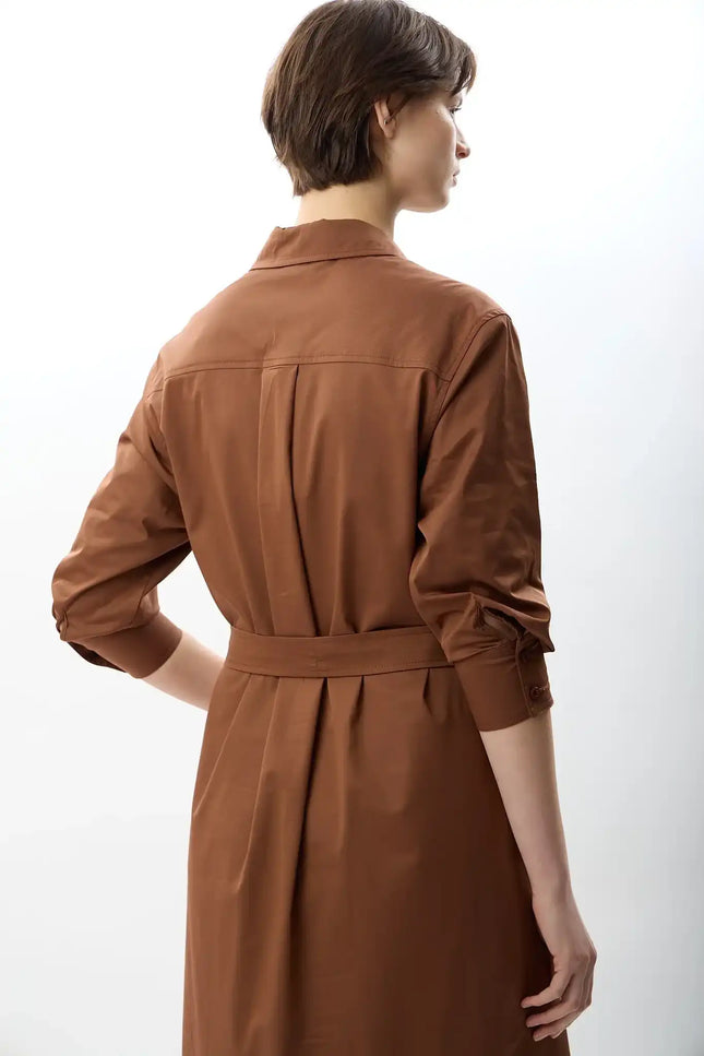 Taş Detaylı Gömlek Elbise (Kahve)
