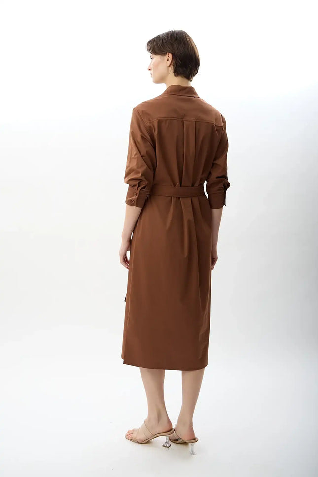 Taş Detaylı Gömlek Elbise (Kahve)