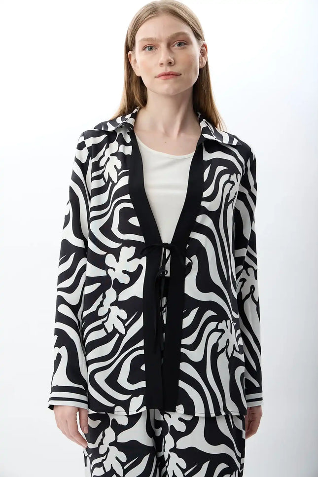 Desenli Oversize Kimono Gömlek (Siyah Beyaz)