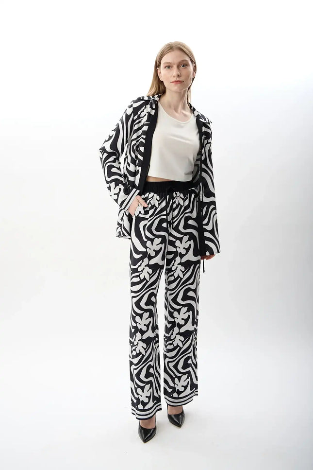 Desenli Oversize Kimono Gömlek (Siyah Beyaz)