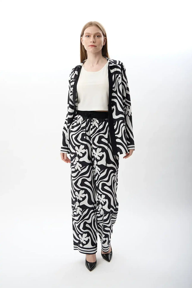 Desenli Oversize Kimono Gömlek (Siyah Beyaz)