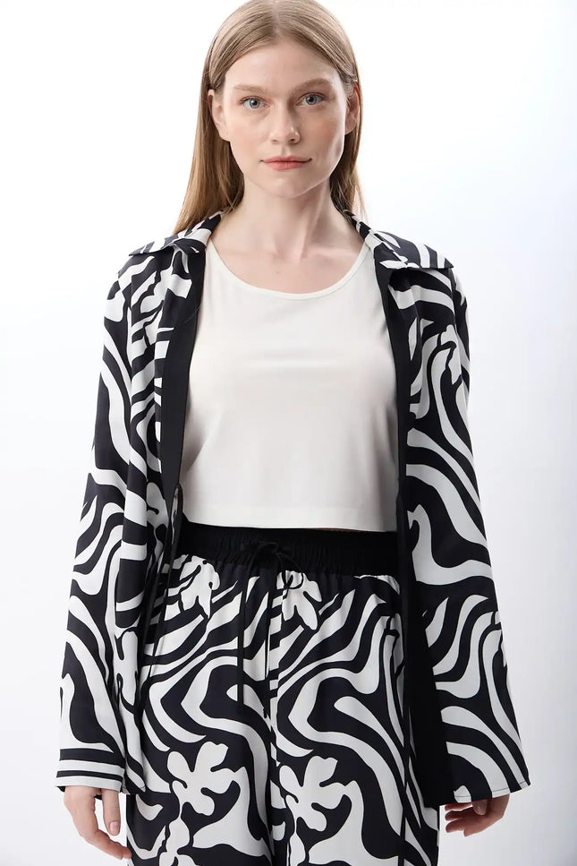 Desenli Oversize Kimono Gömlek (Siyah Beyaz)