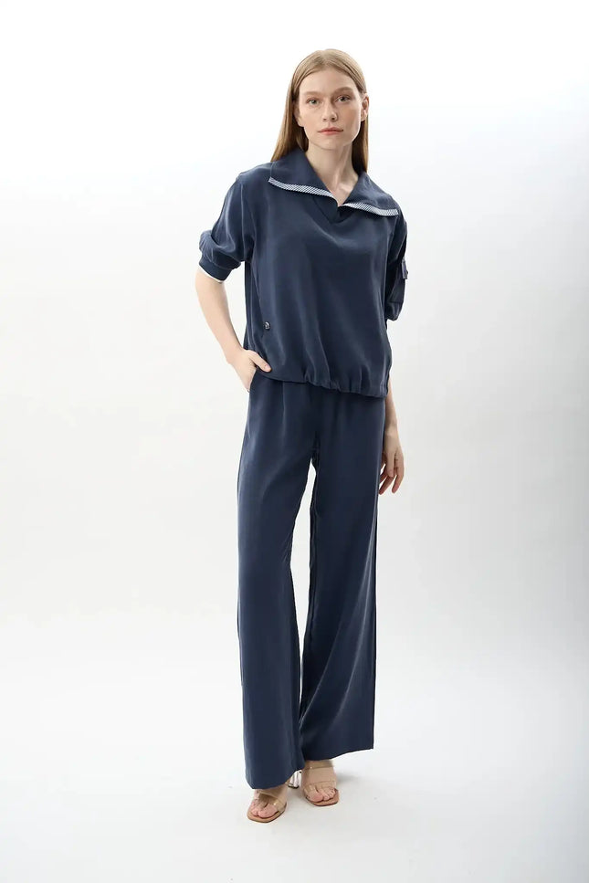 Bağcıklı Düz Paça Pantolon (Lacivert)