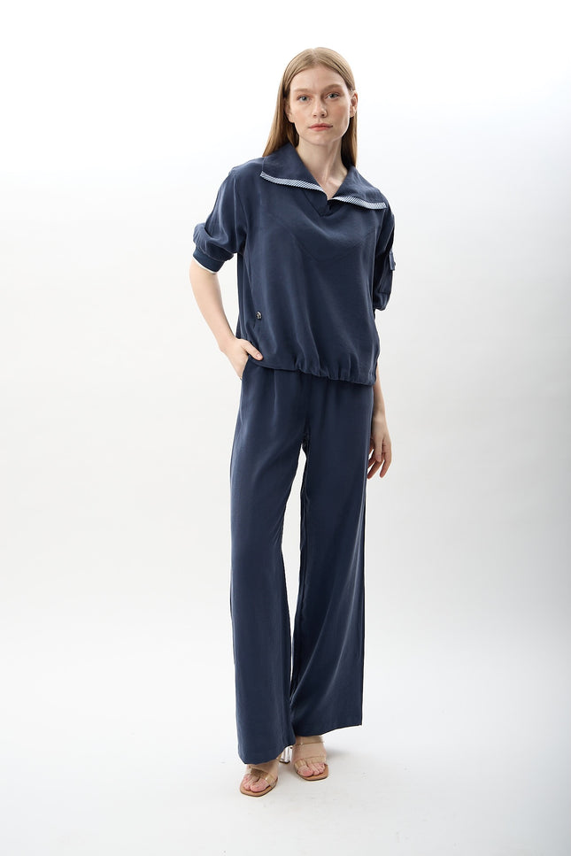 Bağcıklı Düz Paça Pantolon (Lacivert)