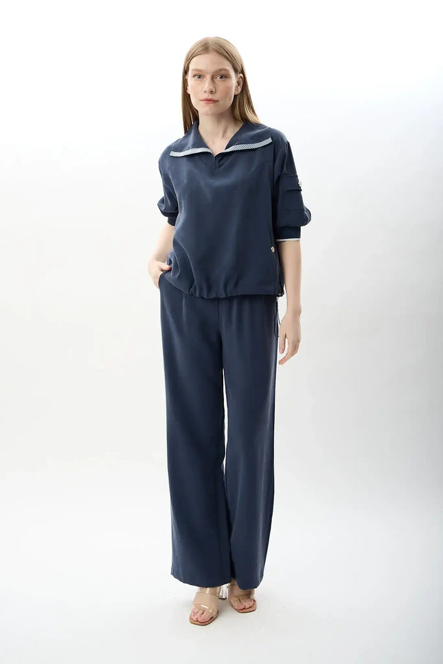 Bağcıklı Düz Paça Pantolon (Lacivert)