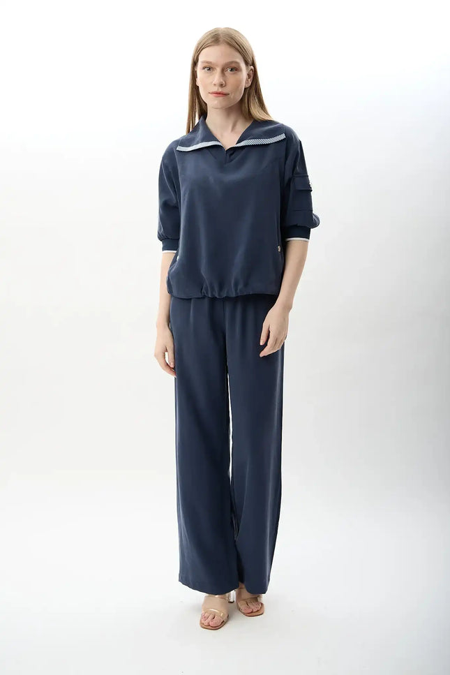 Bağcıklı Düz Paça Pantolon (Lacivert)