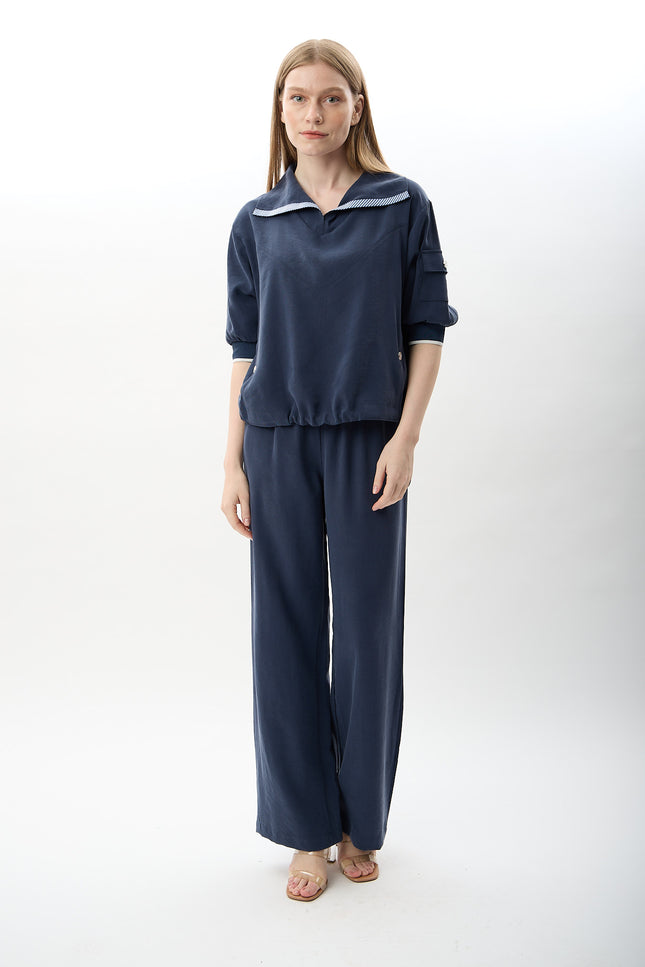 Bağcıklı Düz Paça Pantolon (Lacivert)