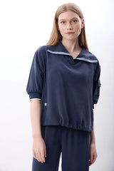 V Yaka Büzgü Detaylı Bluz (Lacivert)