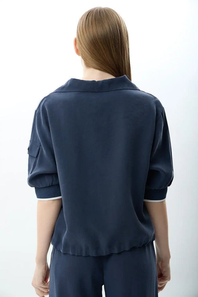 V Yaka Büzgü Detaylı Bluz (Lacivert)