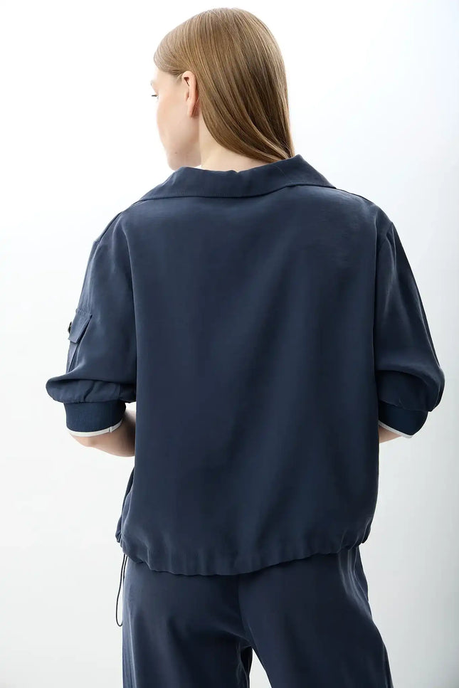 V Yaka Büzgü Detaylı Bluz (Lacivert)