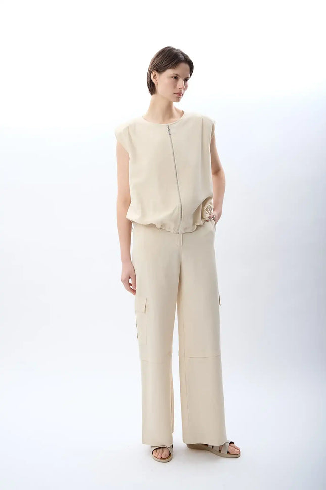 Yüksek Bel Keten Pantolon (Krem)