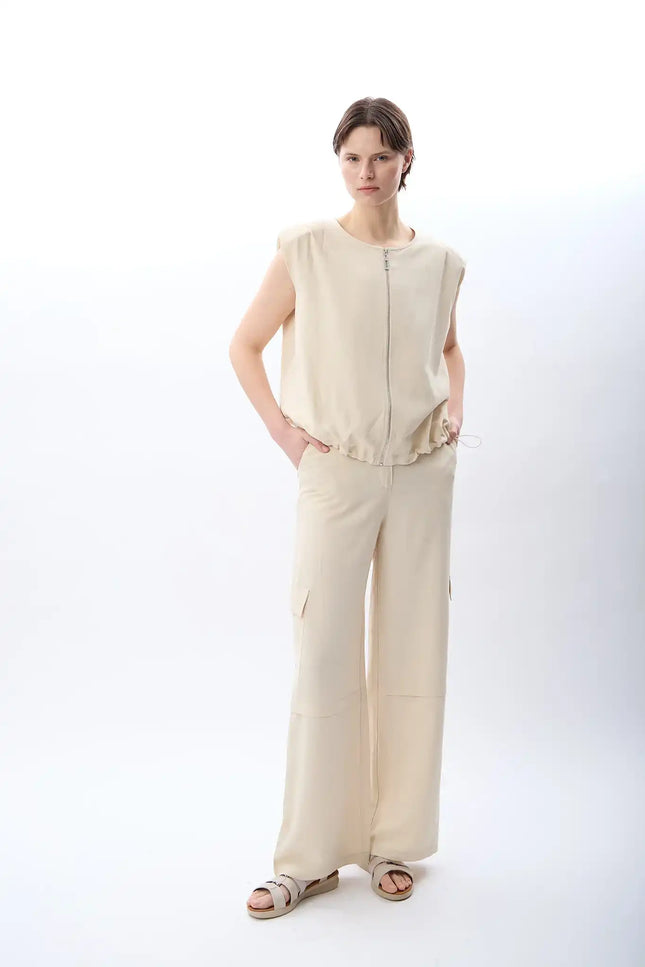 Yüksek Bel Keten Pantolon (Krem)
