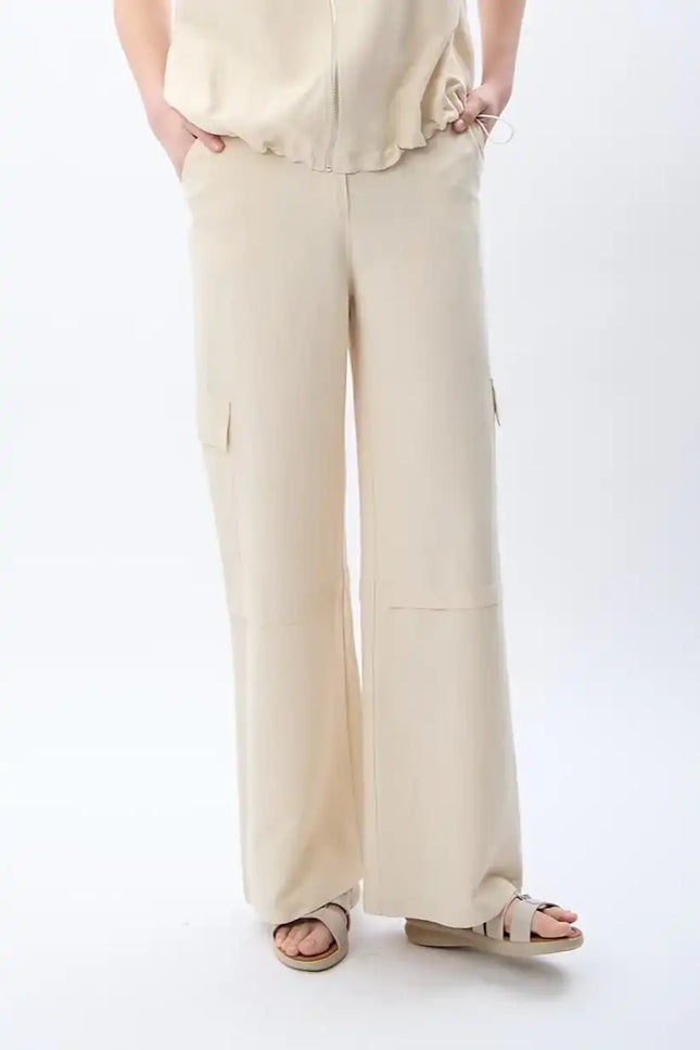 Yüksek Bel Keten Pantolon (Krem)