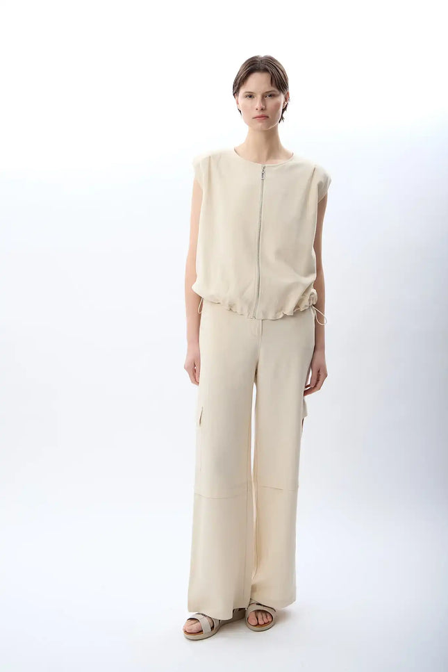 Yüksek Bel Keten Pantolon (Krem)