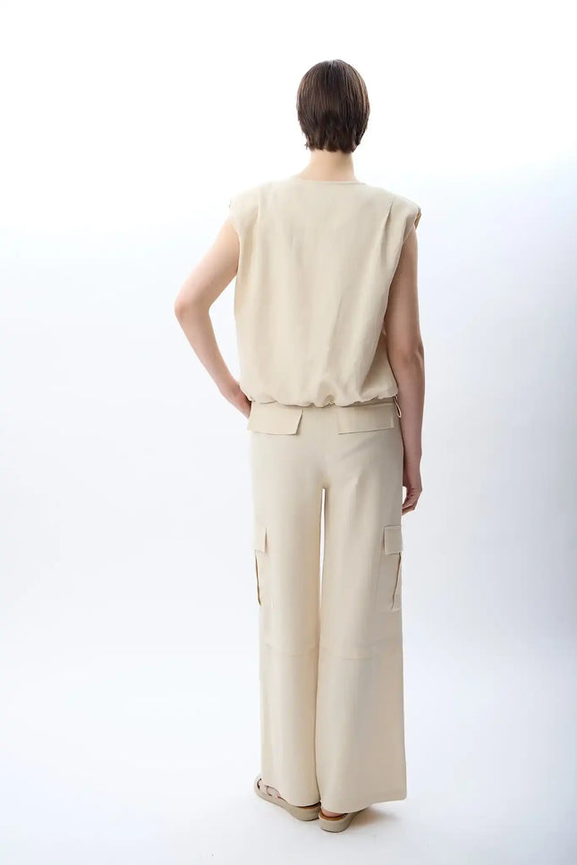Yüksek Bel Keten Pantolon (Krem)