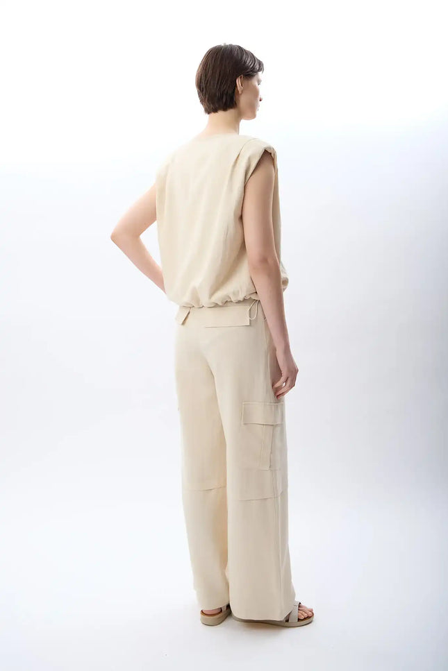 Yüksek Bel Keten Pantolon (Krem)