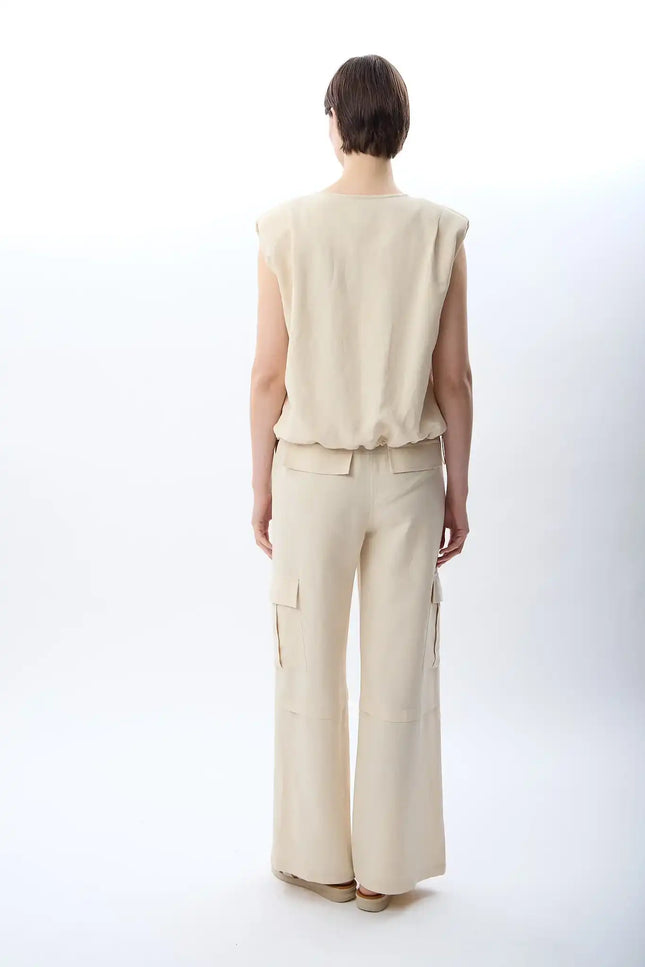 Yüksek Bel Keten Pantolon (Krem)