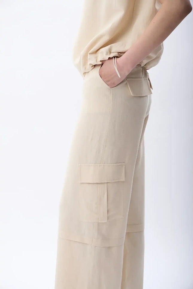 Yüksek Bel Keten Pantolon (Krem)