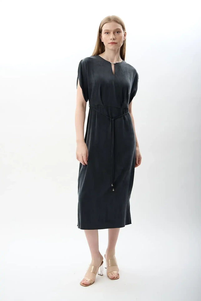 Belden Bağlamalı Yırtmaçlı Elbise (Lacivert)