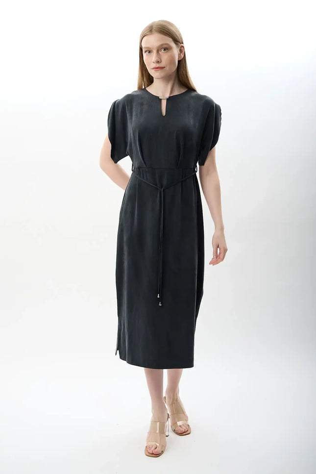 Belden Bağlamalı Yırtmaçlı Elbise (Lacivert)